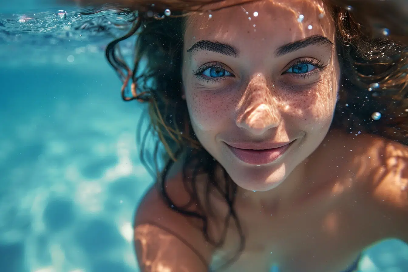 woman underwater camera view