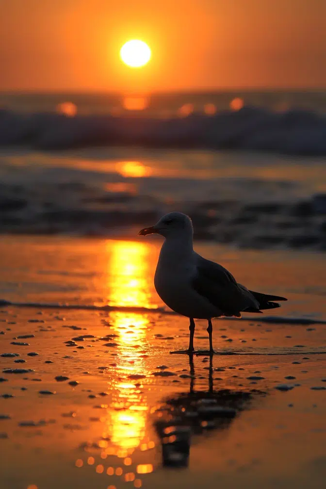 une mouette au soleil couchant sur la plage