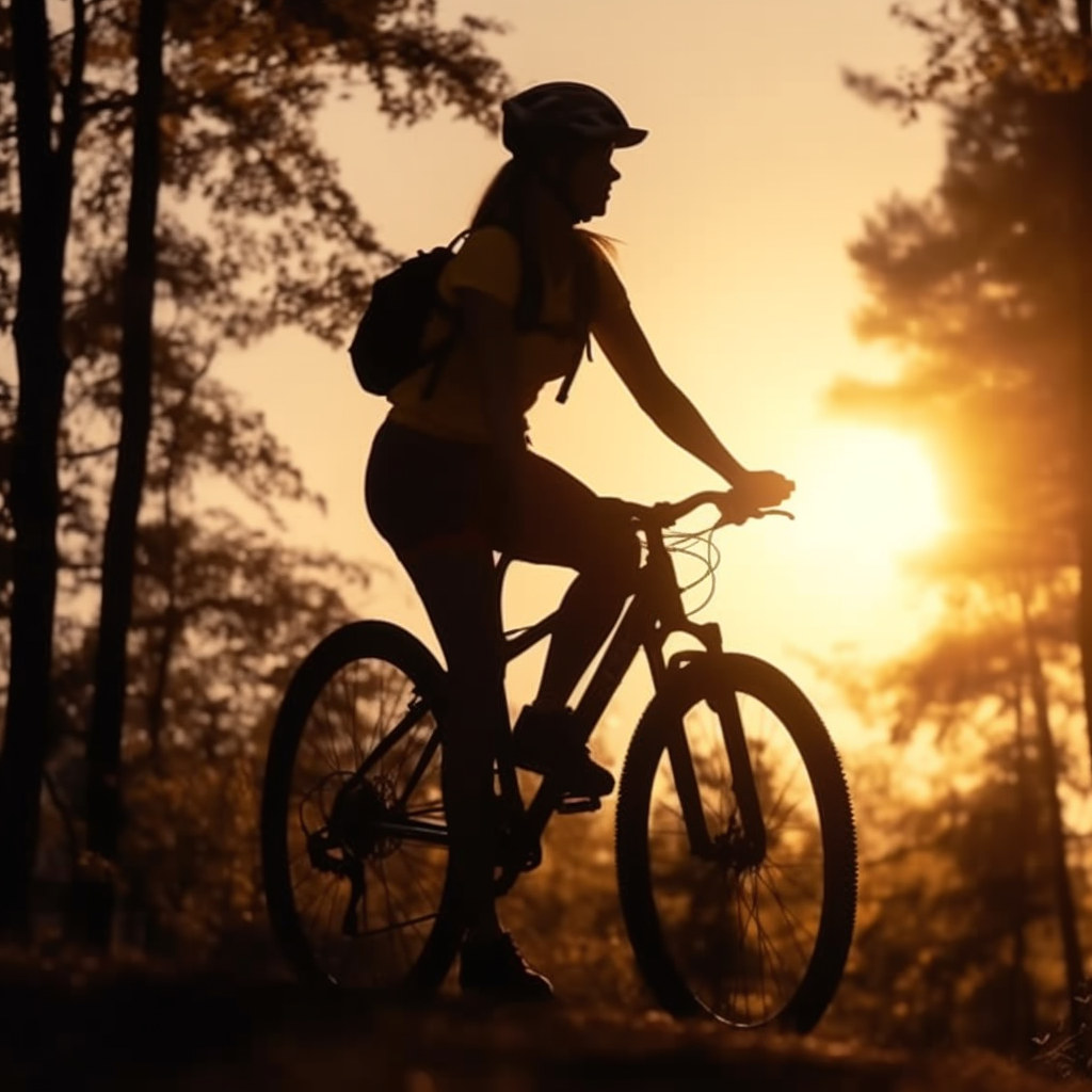 femme sur son vélo au soleil couchant