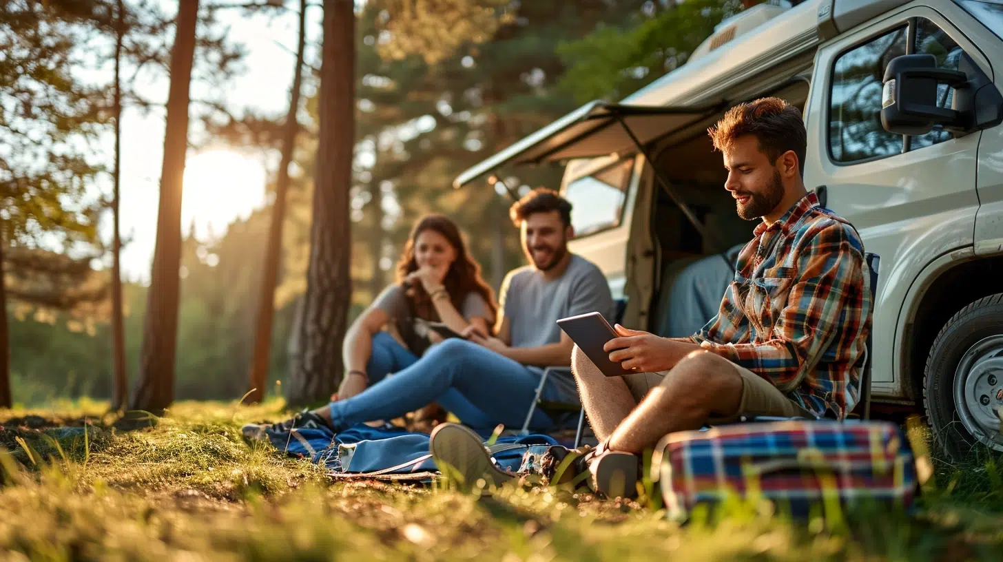 ami vanlife enjoys sun and wifi at the campsite