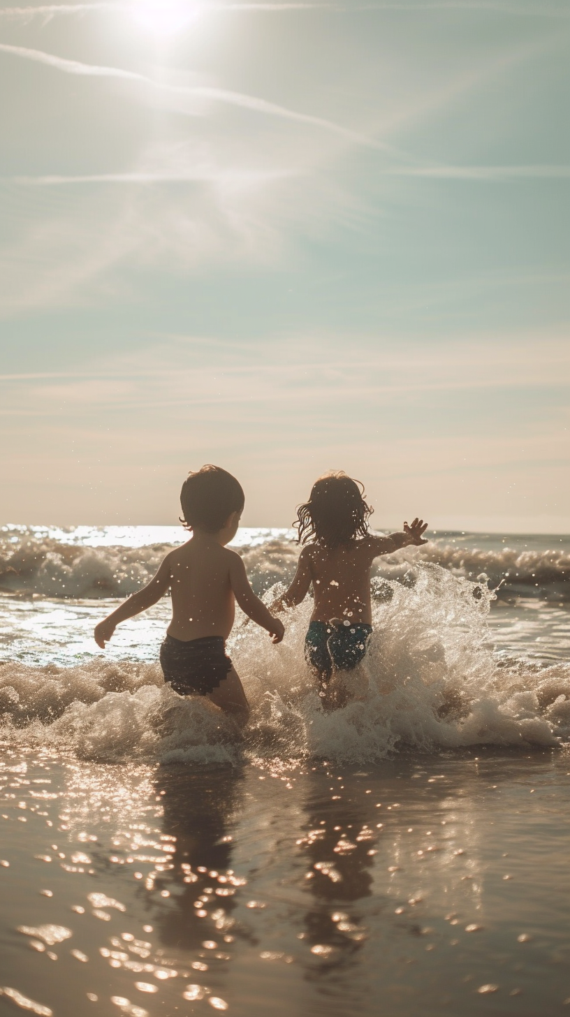 two children in the water on the beach