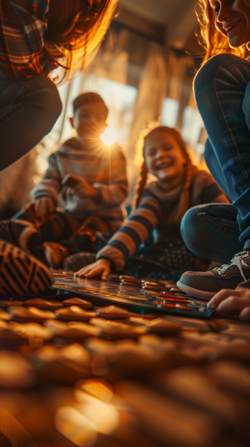 enfants qui jouent a un jeu de societe au soleil couchant