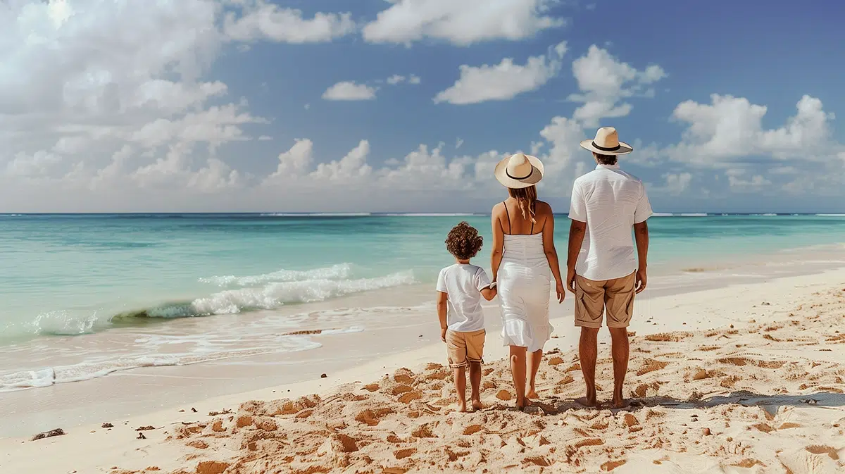 famille dans la plage se promene en vacances