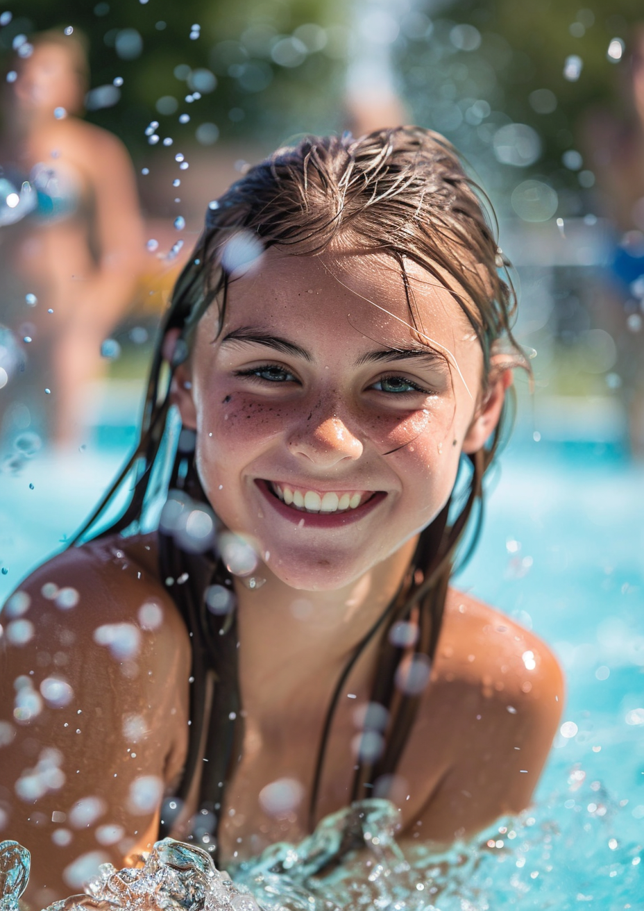 jeune fille sourit dans la piscine