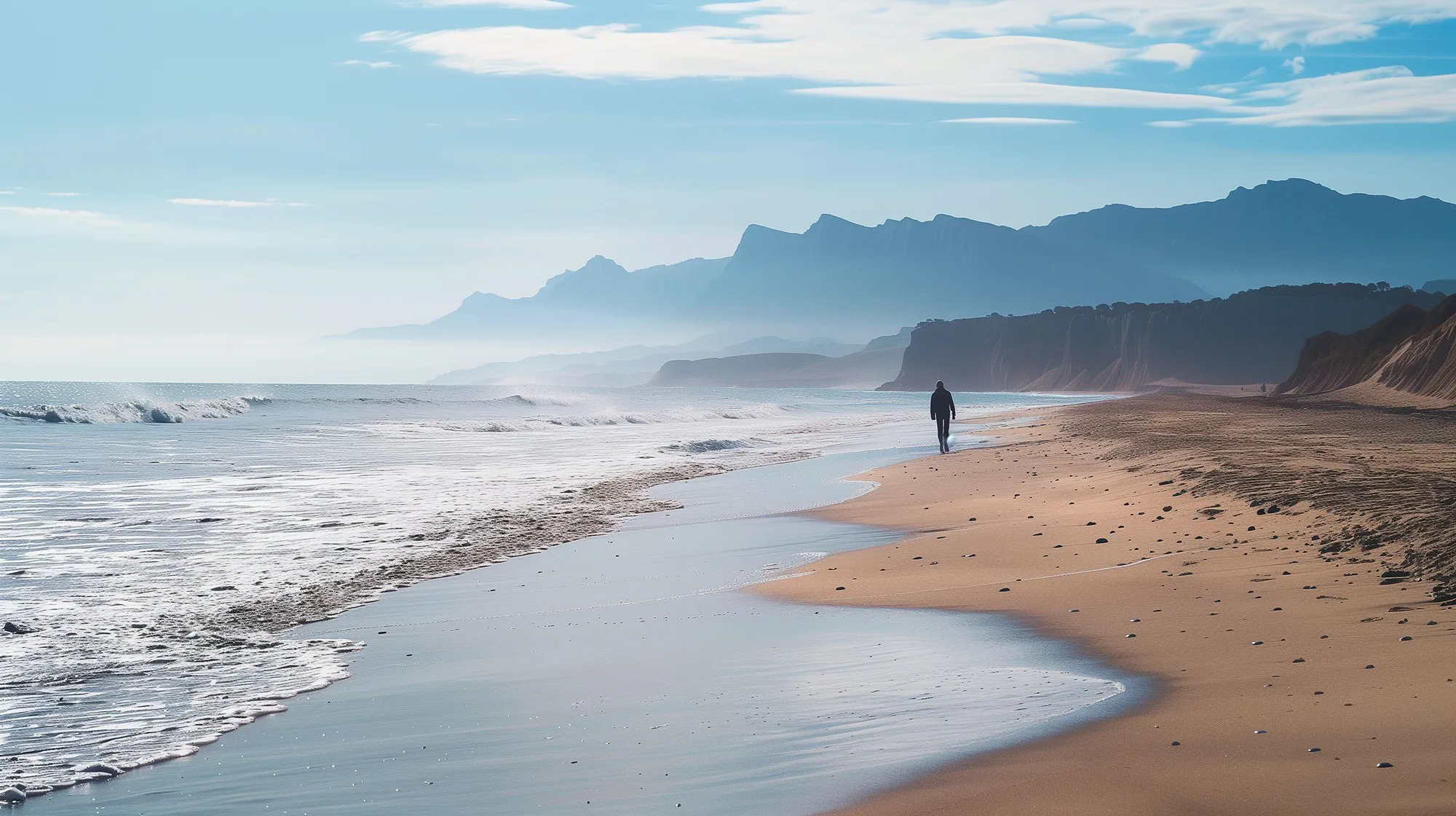personne promenade bord plage entre mer montagne
