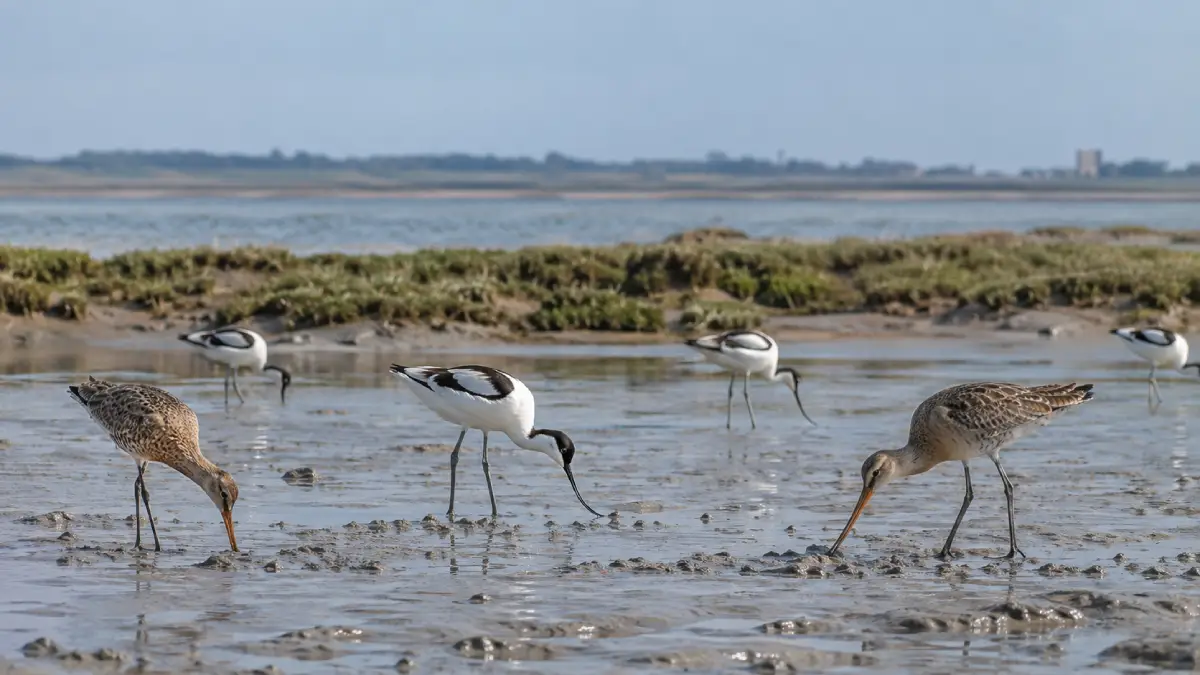 Avocettes élégantes et barges à queue noire dans la baie de l'Aiguillon