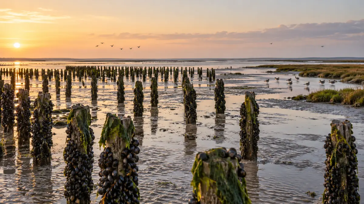 Bouchots de moules dans la baie de l'Aiguillon au coucher de soleil