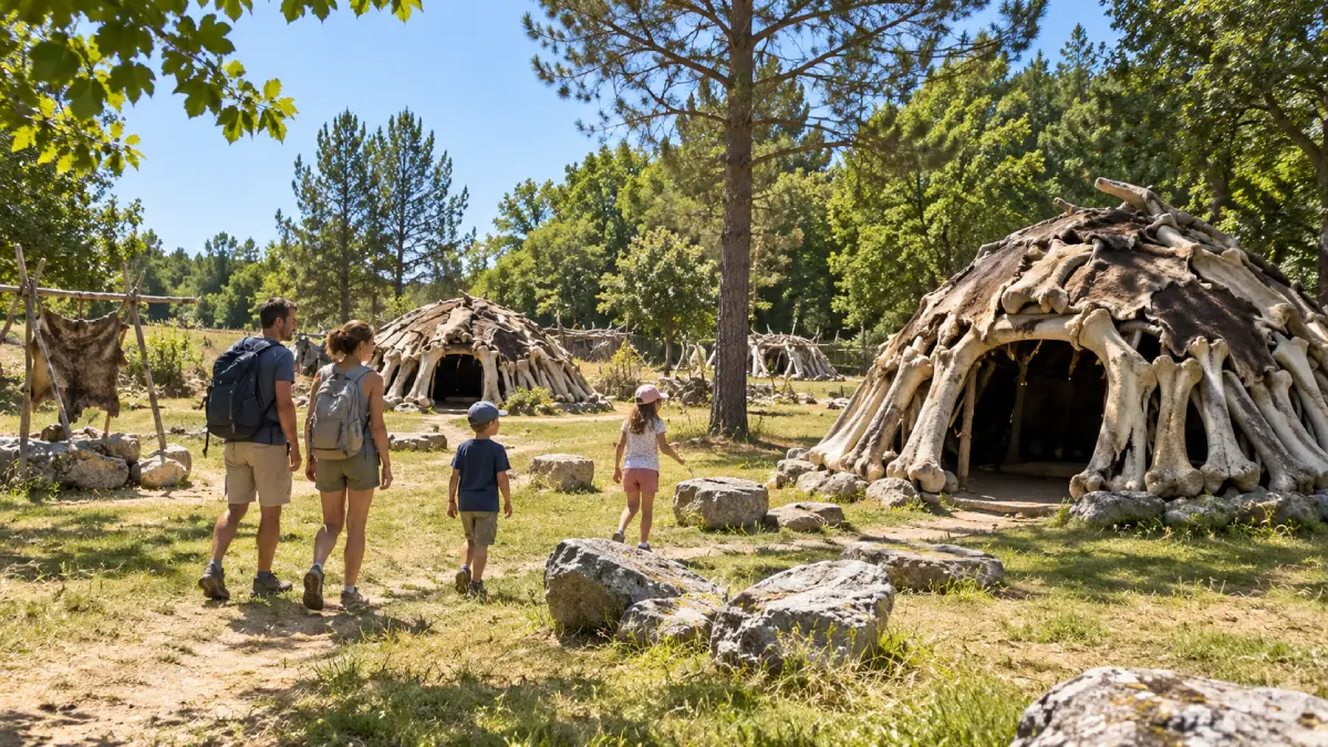 Campement néandertalien reconstitué dans le parc du Paléosite de Saint-Césaire