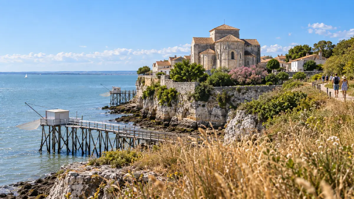 Église Sainte-Radegonde de Talmont-sur-Gironde vue depuis le chemin côtier
