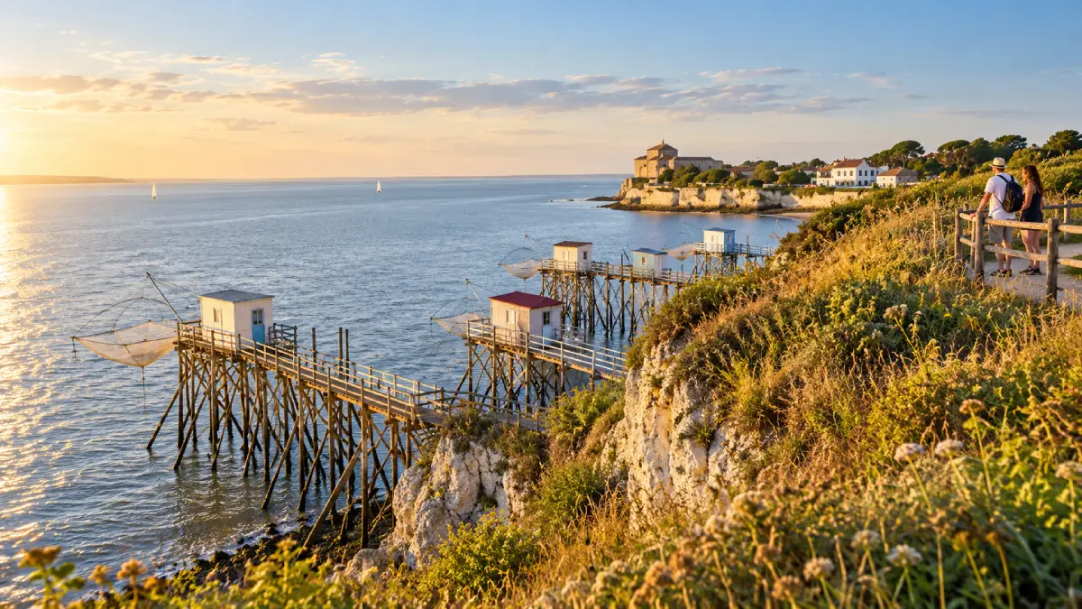 Vue sur les carrelets et l'église de Talmont-sur-Gironde depuis la falaise du Caillaud au coucher du soleil
