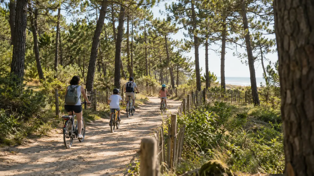 Famille à vélo dans la forêt domaniale de Longeville vers la plage