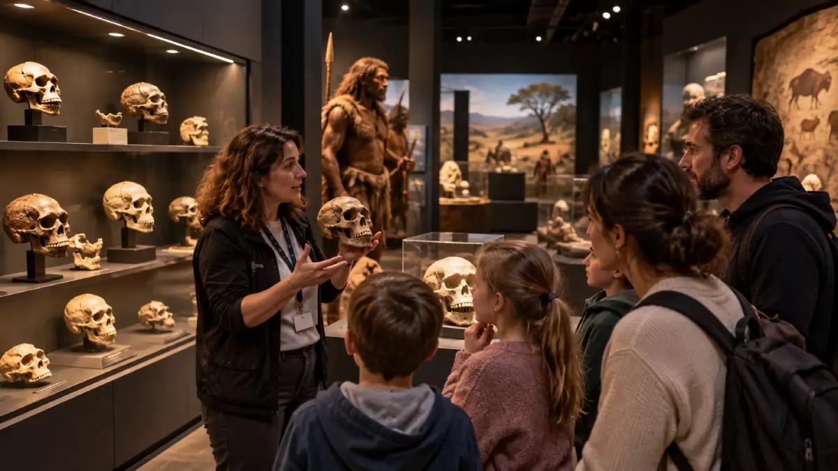 Salle d'exposition avec crânes préhistoriques au Paléosite de Saint-Césaire