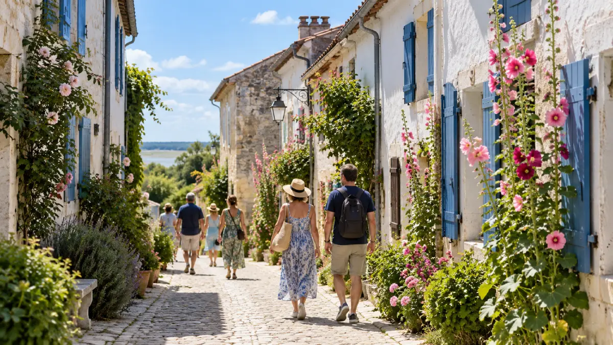 Ruelle pavée bordée de roses trémières à Talmont-sur-Gironde