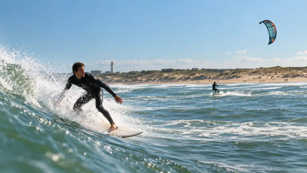 Surfeur et kitesurfeur devant le phare de La Tranche-sur-Mer