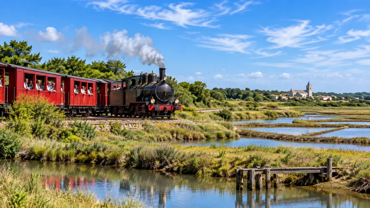 Train des Mouettes à vapeur traversant les marais salants de Mornac-sur-Seudre